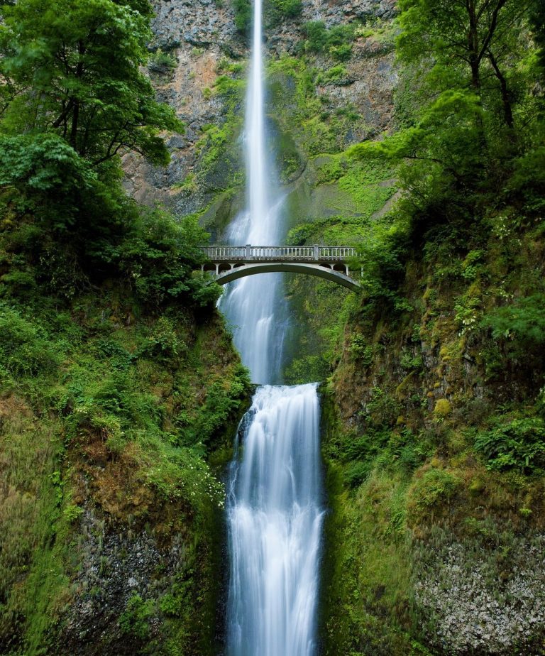 Wasserfall fließt über eine begrünte Felswand, mit einer Brücke im Vordergrund.